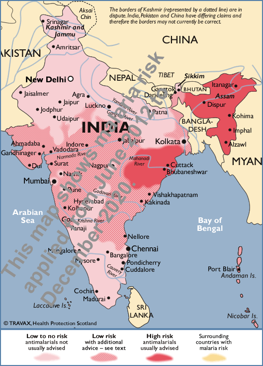 This map shows the malaria risk to be applied from June 2012 to December 2020. Map downloaded from http://www.fitfortravel.nhs.uk on 01 October 2015. Adapted with permission. Click the following link to view the latest India Malarial Map http://www.transfusionguidelines.org.uk/dsg/gdri/guidelines/gc0113-india